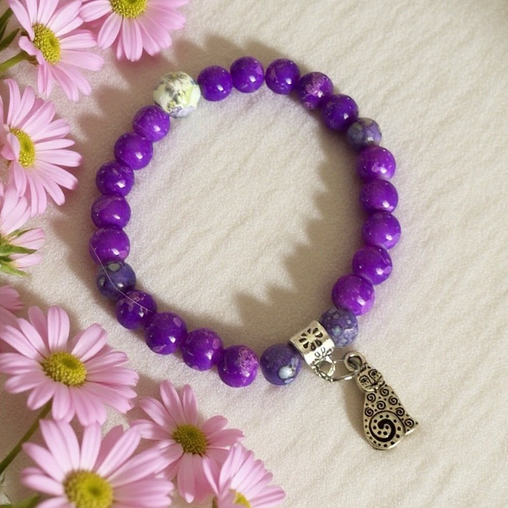 Hand Crafted Purple Beaded Charm Bracelet with Silver Accent